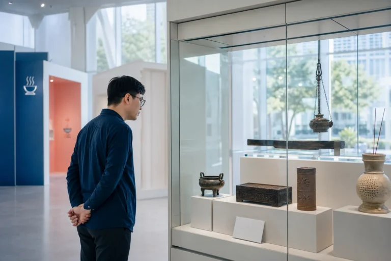 Museumbezoeker leest de uitleg bij religieuze objecten zonder de vitrine aan te raken.
