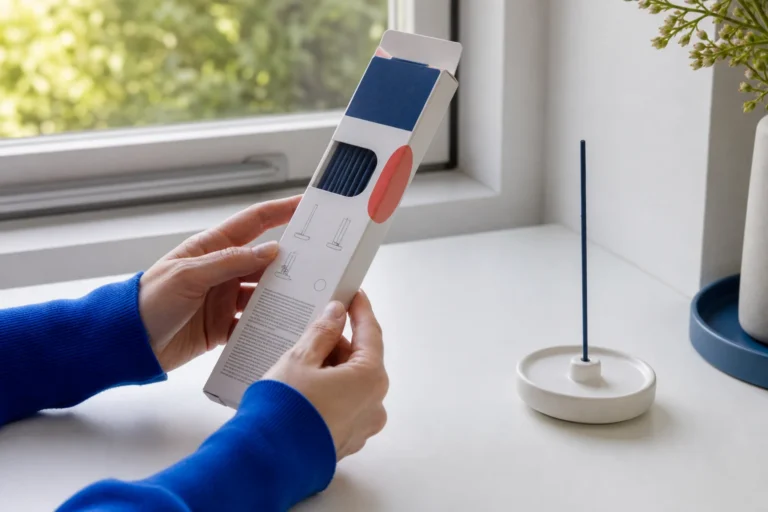 Hand controleert de gebruiksinstructie naast de originele wierookverpakking en een stabiele houder op een leeg tafelblad.