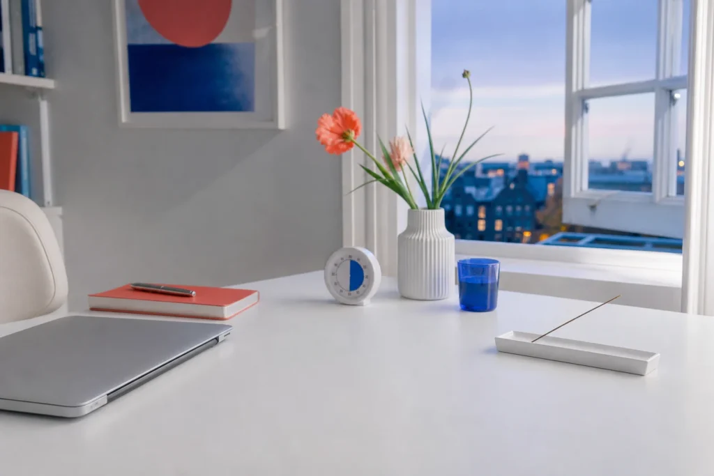 Gesloten laptop, kookwekker en kleine wierookhouder op een opgeruimde werktafel bij een open raam.