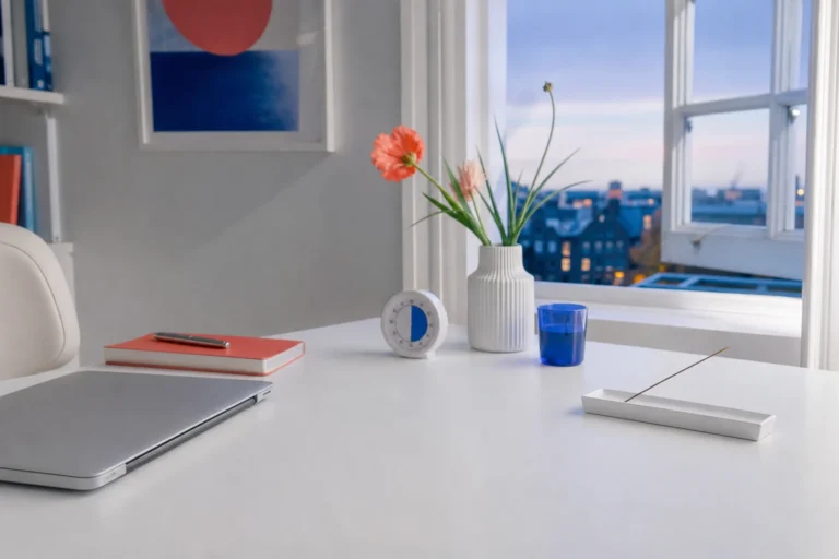 Gesloten laptop, kookwekker en kleine wierookhouder op een opgeruimde werktafel bij een open raam.
