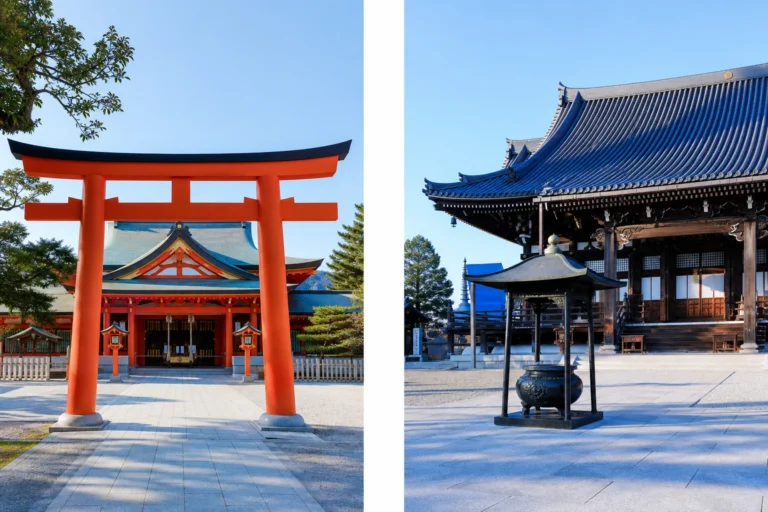 Japanse torii bij de toegang tot een shinto-heiligdom met een afzonderlijke tempelroute in de verte.