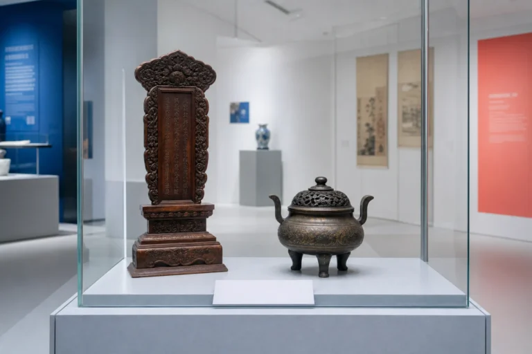 Chinees vooroudertablet en wierookbrander als historische objecten in een lichte museumvitrine.