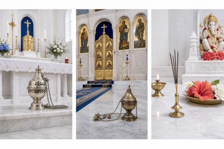 Fotografisch drieluik met afzonderlijk een katholiek wierookvat, een orthodox kerkinterieur en puja-offergaven.