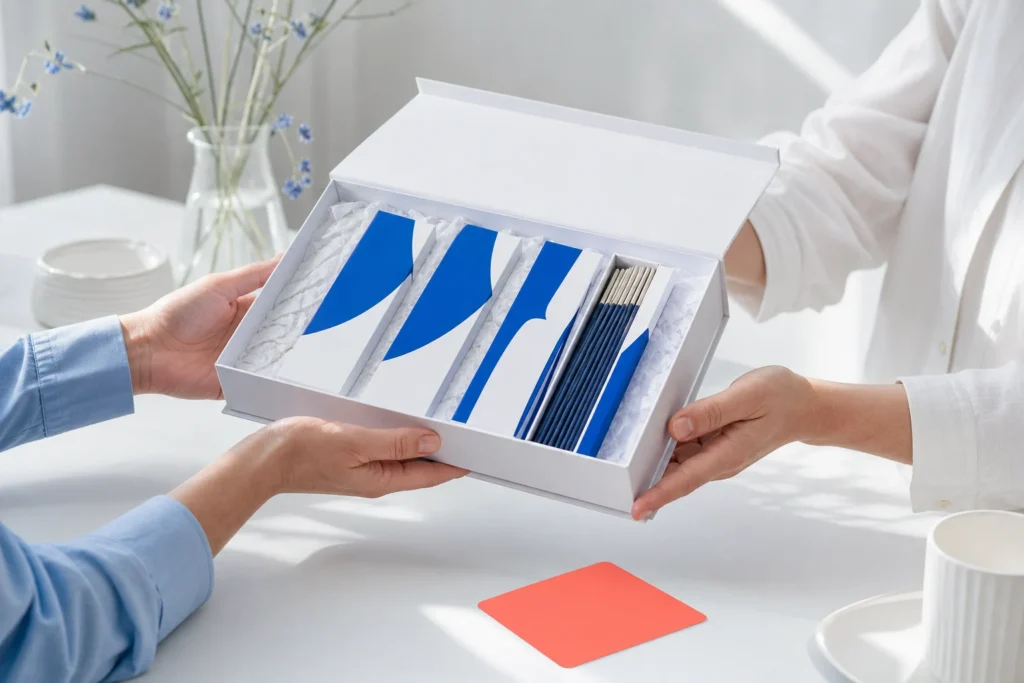 Twee handen openen een wit cadeaupakket met gelabelde wierook en een blanco kaart.