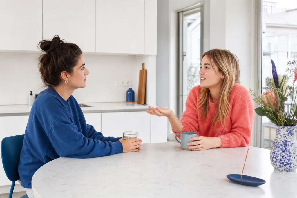 Twee huisgenoten praten aan een lichte keukentafel met een ongebruikte wierookhouder op afstand.